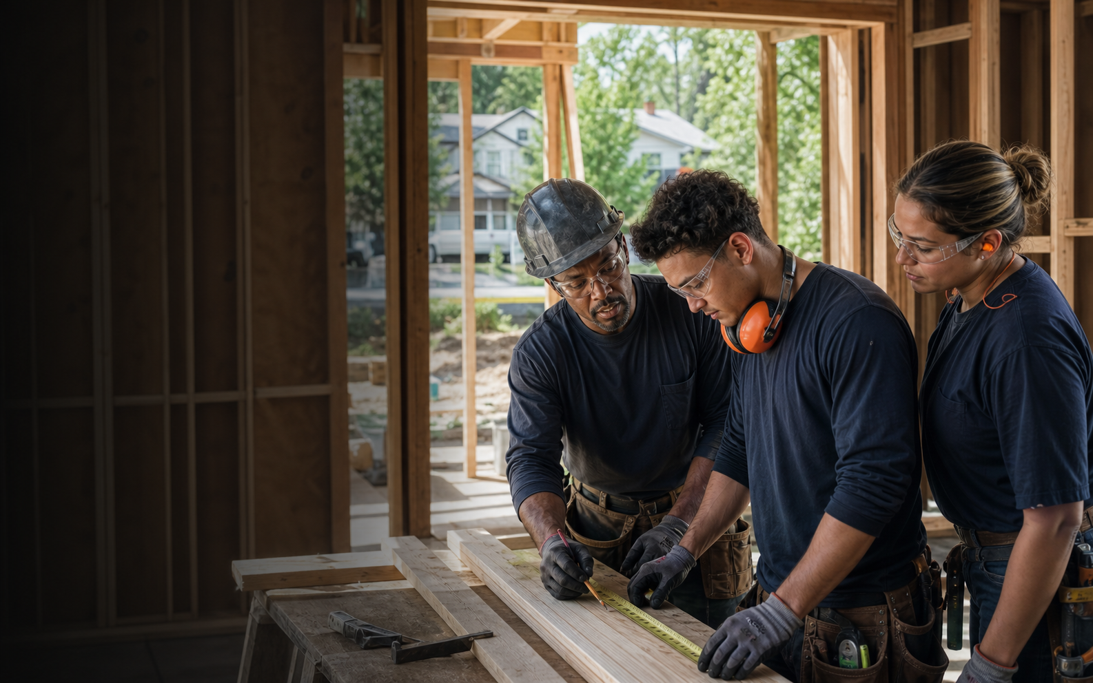 An experienced residential carpenter teaching two crew members how to measure lumber safely